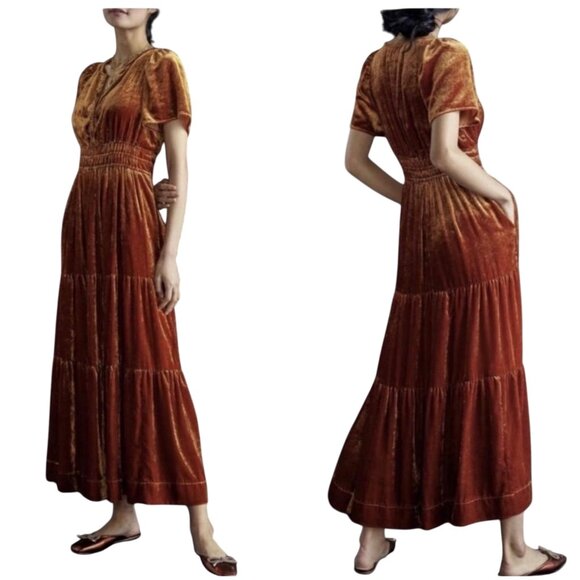 Anthropologie Somerset Velvet Maxi Dress size XS copper orange yellow honey tier - Picture 5 of 11